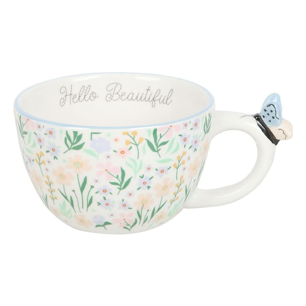 Hello Beautiful Floral Mug with Butterfly Handle