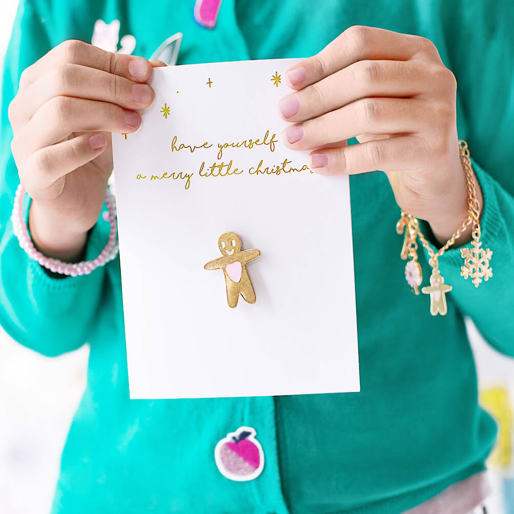 Christmas Card with a Keepsake Gingerbread Man Enamel Pin