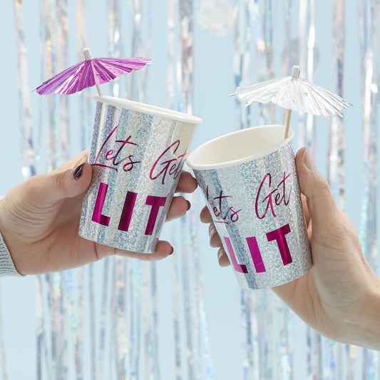 Holographic 'Lets Get Lit' Paper Party Cups