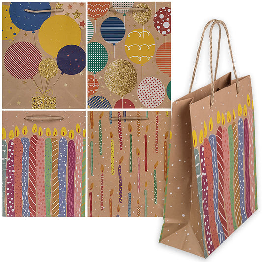 Birthday Paper Gift Bags, 4 Designs with Balloons or Candles