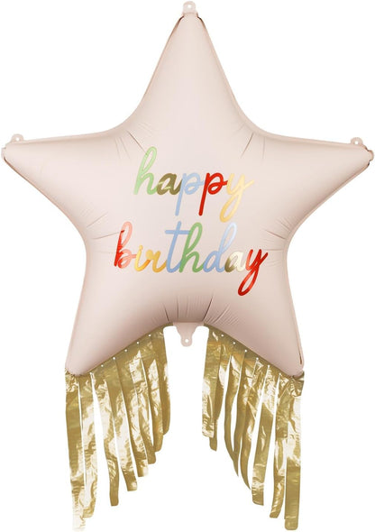 Pastel Pink Happy Birthday Star Foil Balloon with Gold Fringes