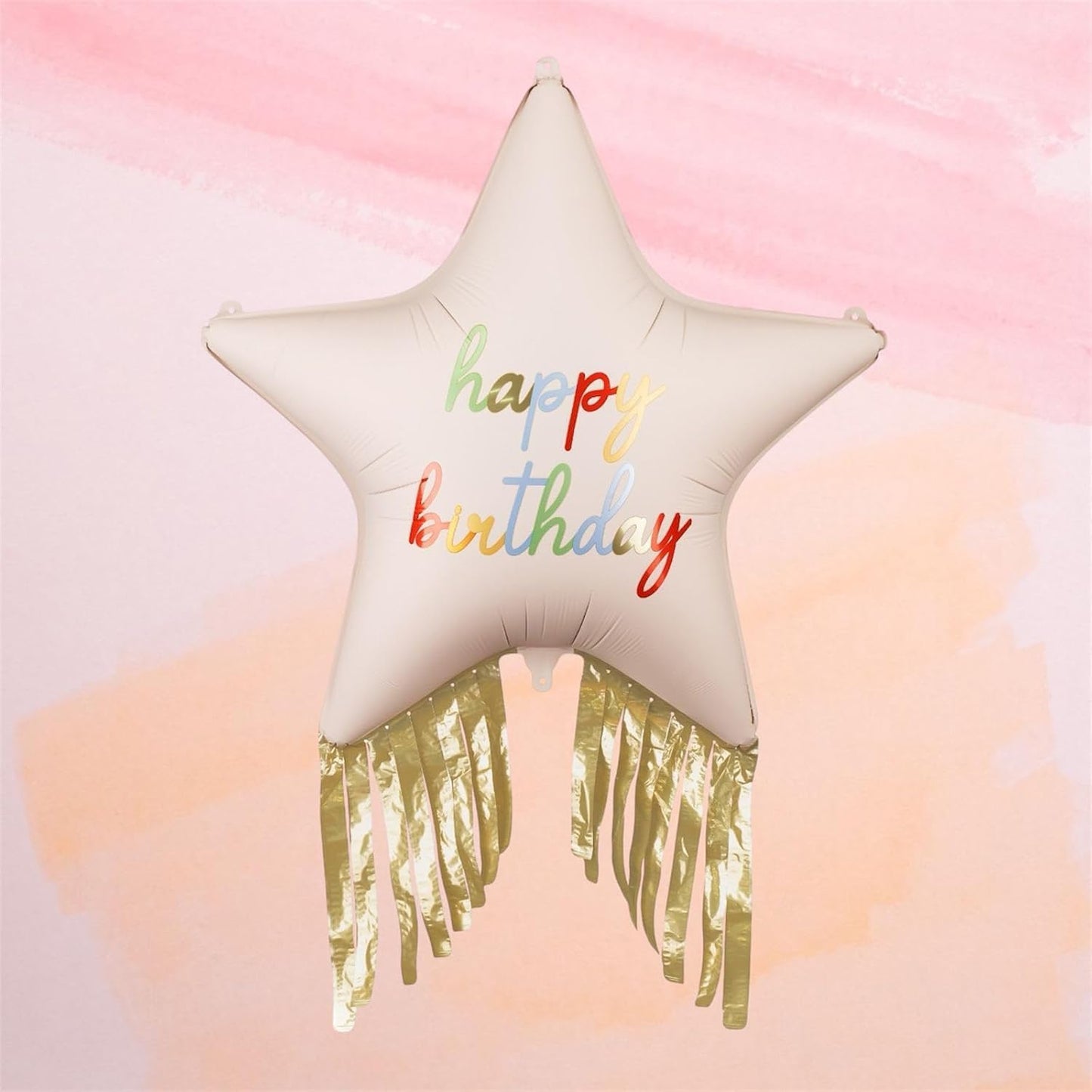 Pastel Pink Happy Birthday Star Foil Balloon with Gold Fringes