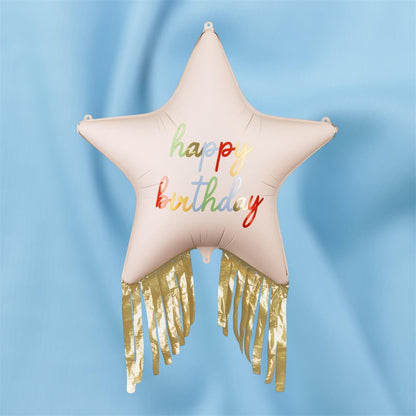 Pastel Pink Happy Birthday Star Foil Balloon with Gold Fringes