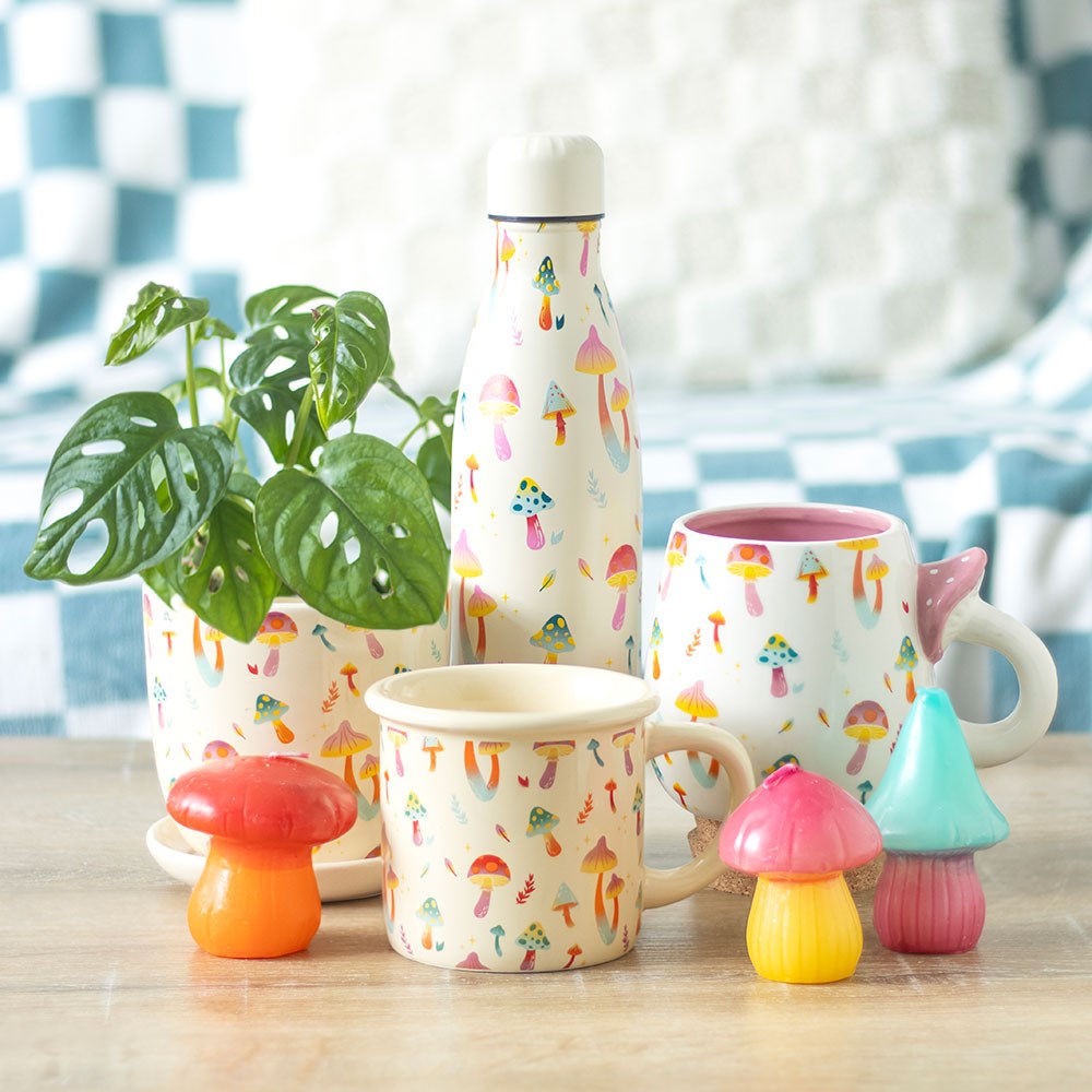 Funky Fungi Print Ceramic Mug with Mushroom Handle