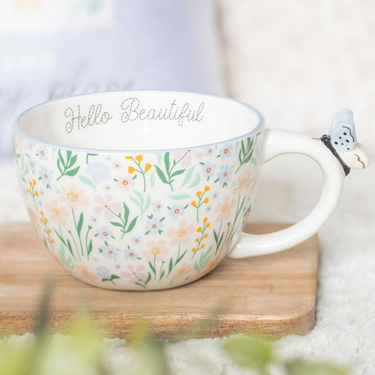 Hello Beautiful Floral Mug with Butterfly Handle