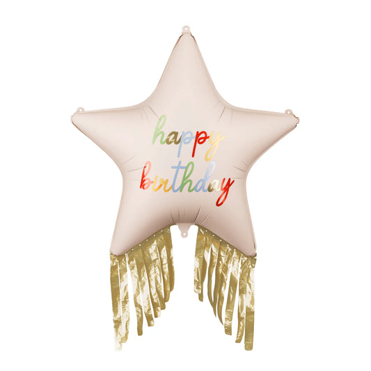 Pastel Pink Happy Birthday Star Foil Balloon with Gold Fringes