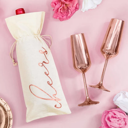 Pack of 5 Wine Bottle Bags with 'Cheers' Rose Gold Inscription